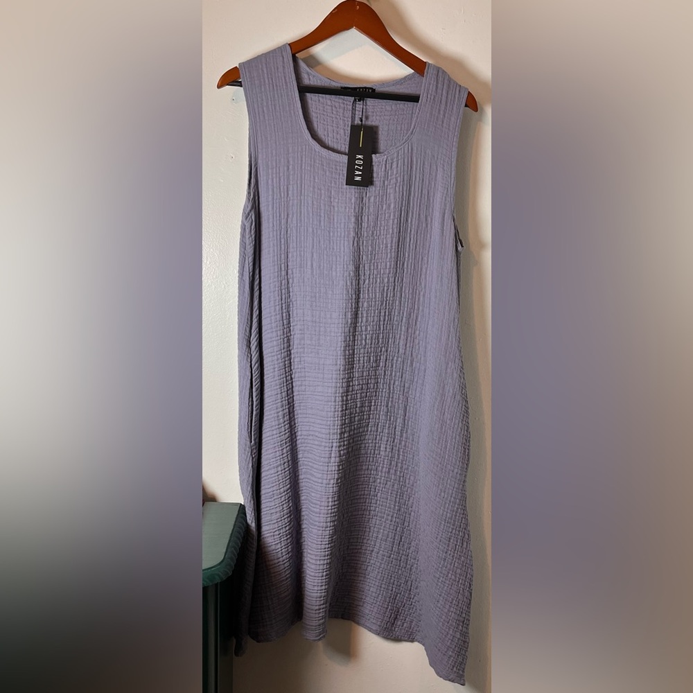 NWT Kozan Cotton Gauze Heath Sleeveless Dress in Gray Blue w Pockets Sz Large